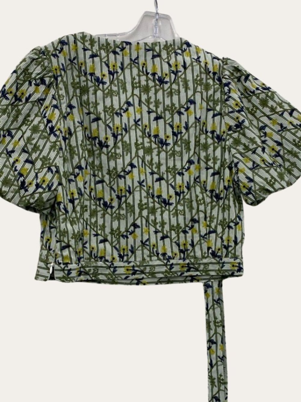 KUOSE Striped Floral Embroidered Puff Sleeve Crop Blouse Tie Front Size Large - Picture 4 of 7